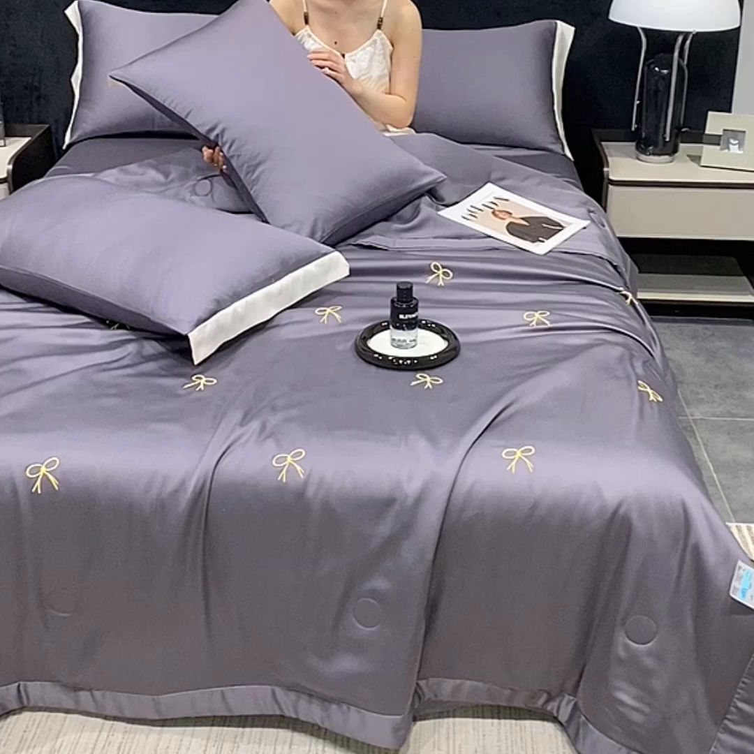 91家纺网 家纺一手货源 找家纺 益多眠 2026新款水洗真丝刺绣夏被夏凉被空调被四件套 蝴蝶结高级灰