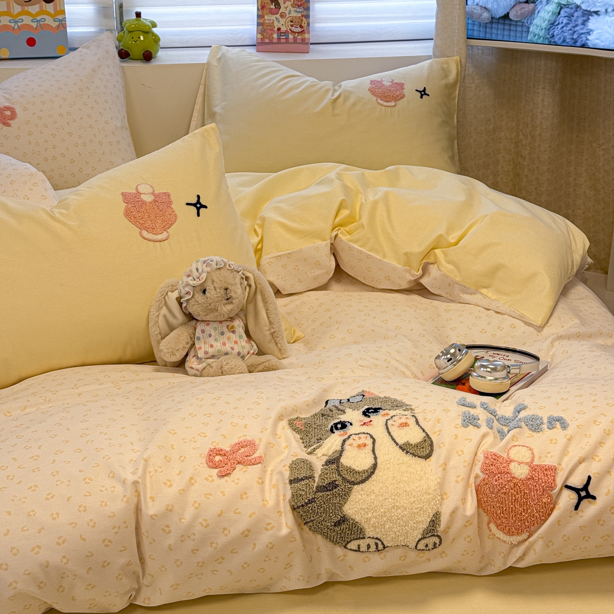 懒猫家纺 2026新款A类高精密40支13374全棉纯棉喷气印花贴布绣四件套  【带礼盒】 奶黄布丁