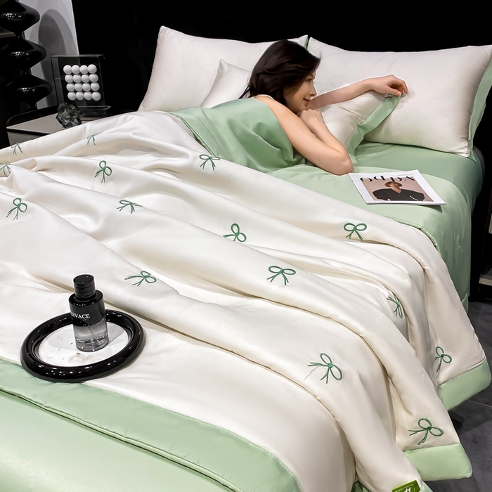 益多眠 2026新款水洗真丝刺绣夏被夏凉被空调被四件套 蝴蝶结奶白绿