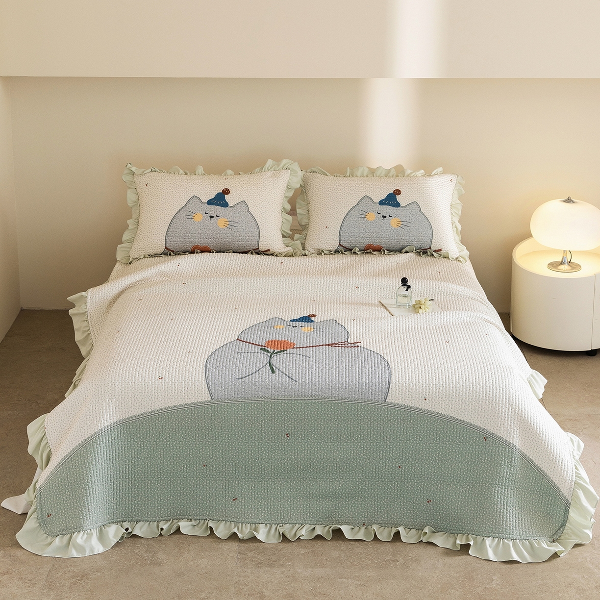 91家纺网 家纺一手货源 找家纺 立奥被业 2026新品古法水洗棉夏被仿棉大版床盖防棉大版夏被 喵星绿