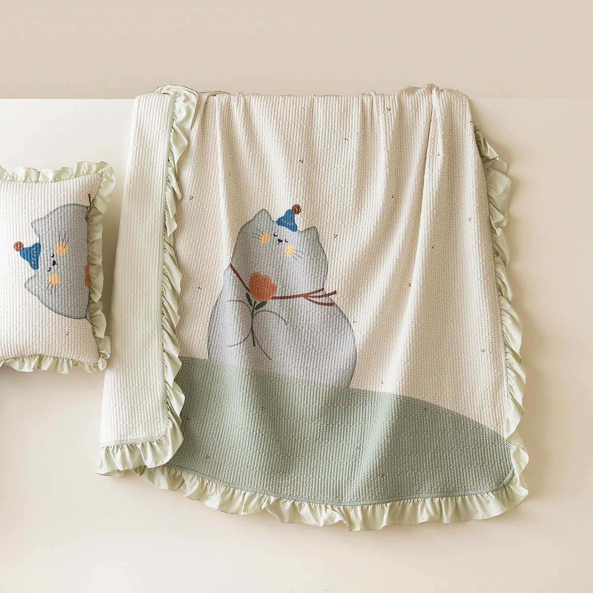 立奥被业 2026新品古法水洗棉夏被仿棉大版床盖防棉大版夏被 喵星绿