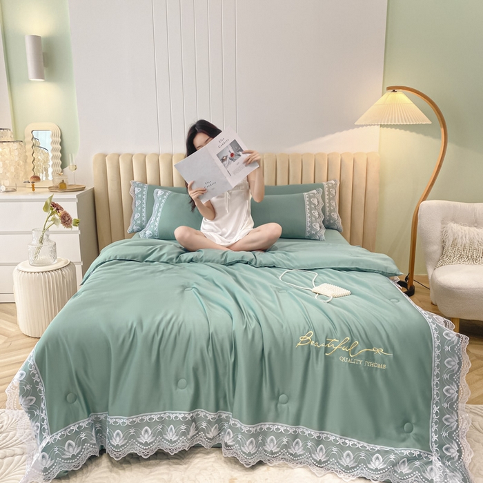 91家纺网 家纺一手货源 找家纺 益多眠 2026新款水洗天丝蕾丝花边夏被夏凉被空调被-公主 公主-琉璃绿