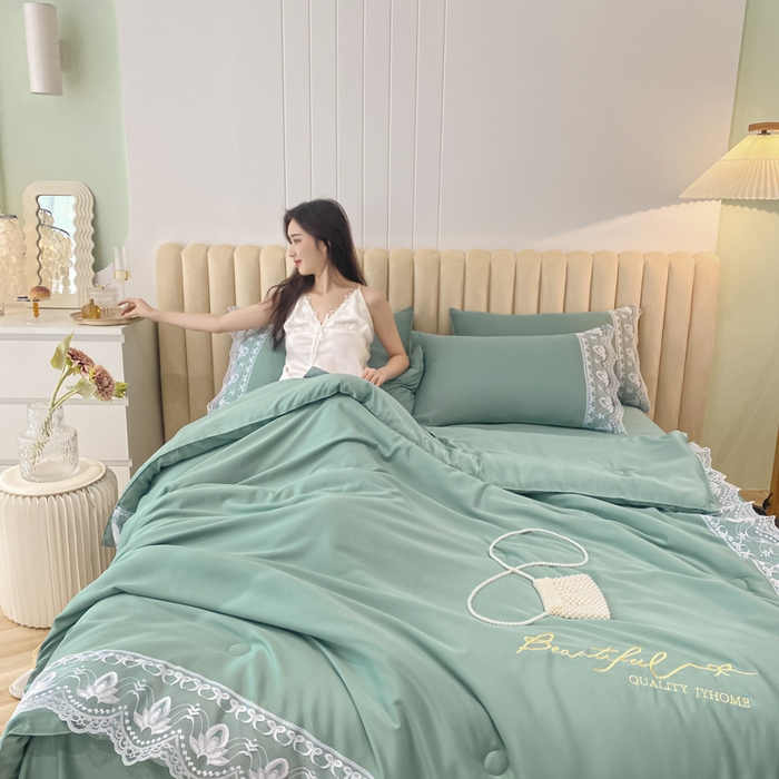 91家纺网 家纺一手货源 找家纺 益多眠 2026新款水洗天丝蕾丝花边夏被夏凉被空调被-公主 公主-琉璃绿