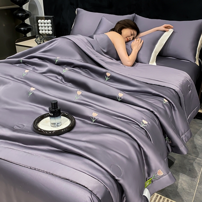 益多眠 2026新款水洗真丝刺绣夏被夏凉被空调被四件套 花朵高级灰