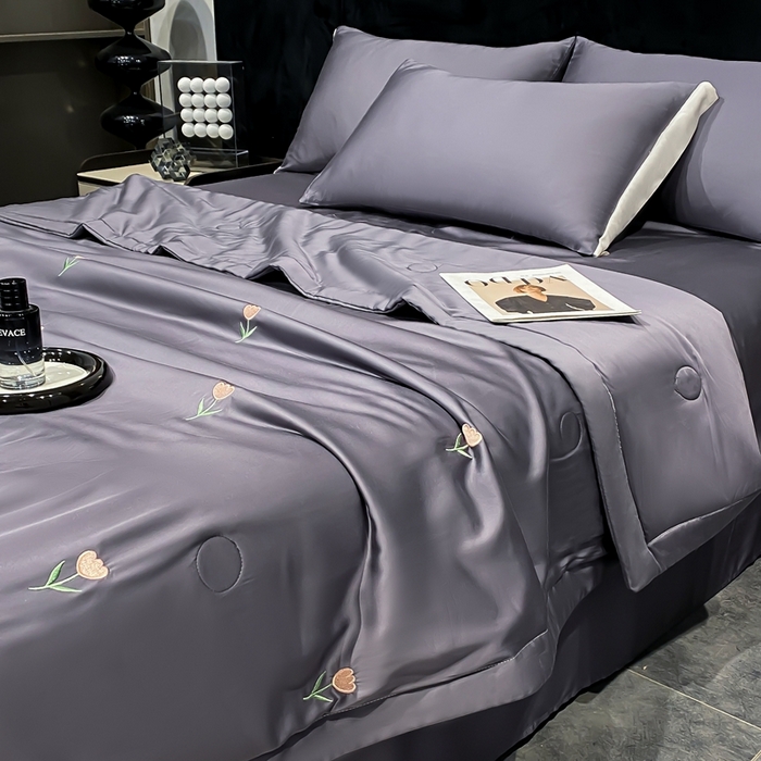 91家纺网 家纺一手货源 找家纺 益多眠 2026新款水洗真丝刺绣夏被夏凉被空调被四件套 花朵高级灰