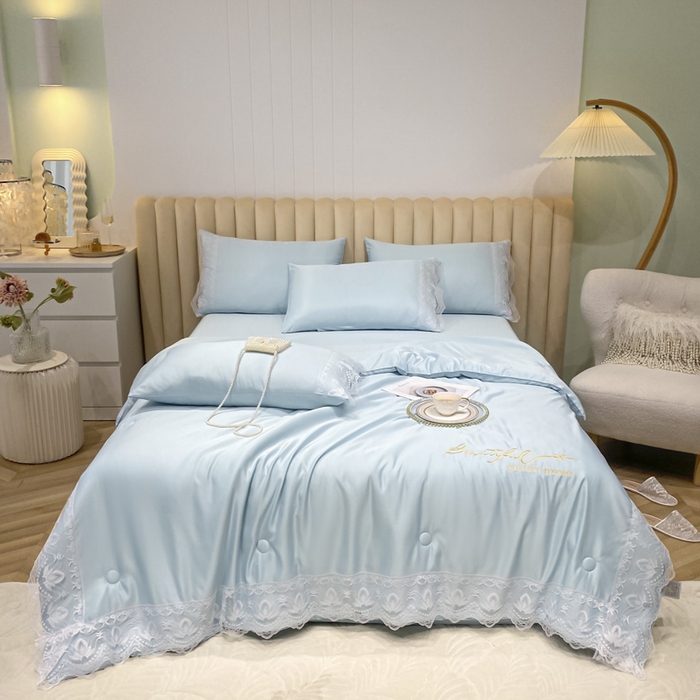 91家纺网 家纺一手货源 找家纺 益多眠 2026新款水洗天丝蕾丝花边夏被夏凉被空调被-公主 公主-天空蓝