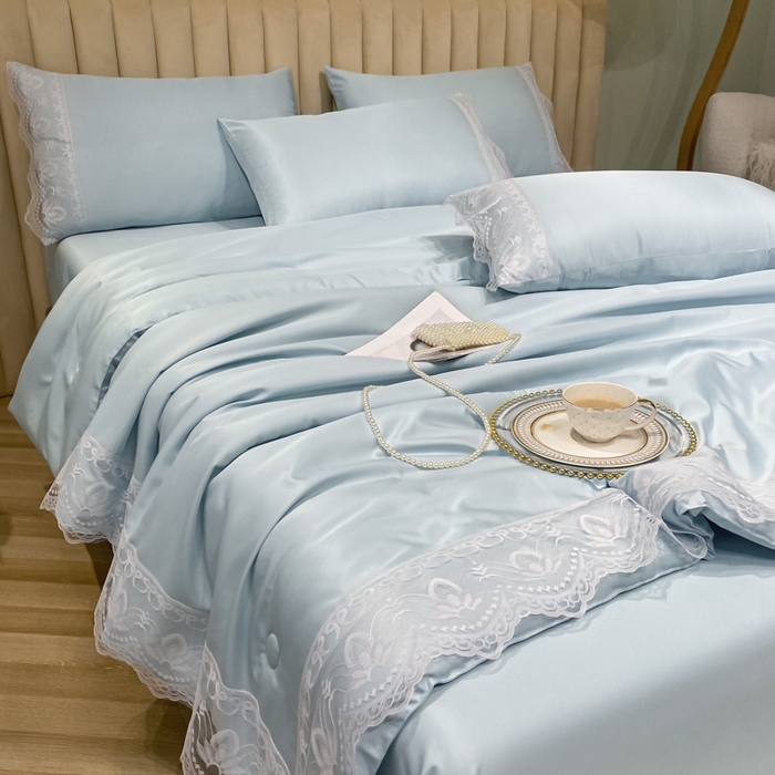 91家纺网 家纺一手货源 找家纺 益多眠 2026新款水洗天丝蕾丝花边夏被夏凉被空调被-公主 公主-天空蓝