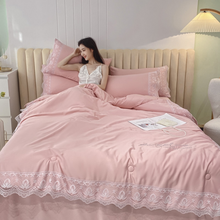 91家纺网 家纺一手货源 找家纺 益多眠 2026新款水洗天丝蕾丝花边夏被夏凉被空调被-公主 公主-樱花粉