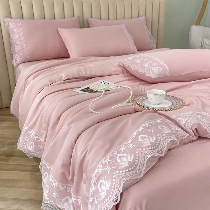 91家纺网 家纺一手货源 找家纺 益多眠 2026新款水洗天丝蕾丝花边夏被夏凉被空调被-公主 公主-樱花粉