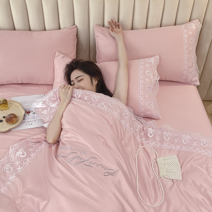 91家纺网 家纺一手货源 找家纺 益多眠 2026新款水洗天丝蕾丝花边夏被夏凉被空调被-公主 公主-樱花粉