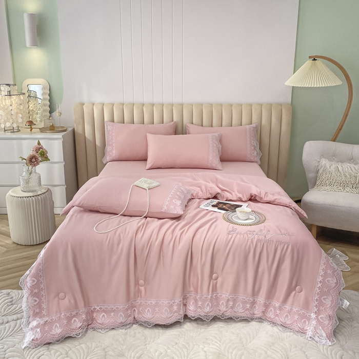 91家纺网 家纺一手货源 找家纺 益多眠 2026新款水洗天丝蕾丝花边夏被夏凉被空调被-公主 公主-樱花粉