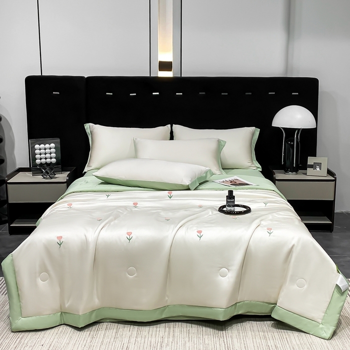 91家纺网 家纺一手货源 找家纺 益多眠 2026新款水洗真丝刺绣夏被夏凉被空调被四件套 花朵奶白绿