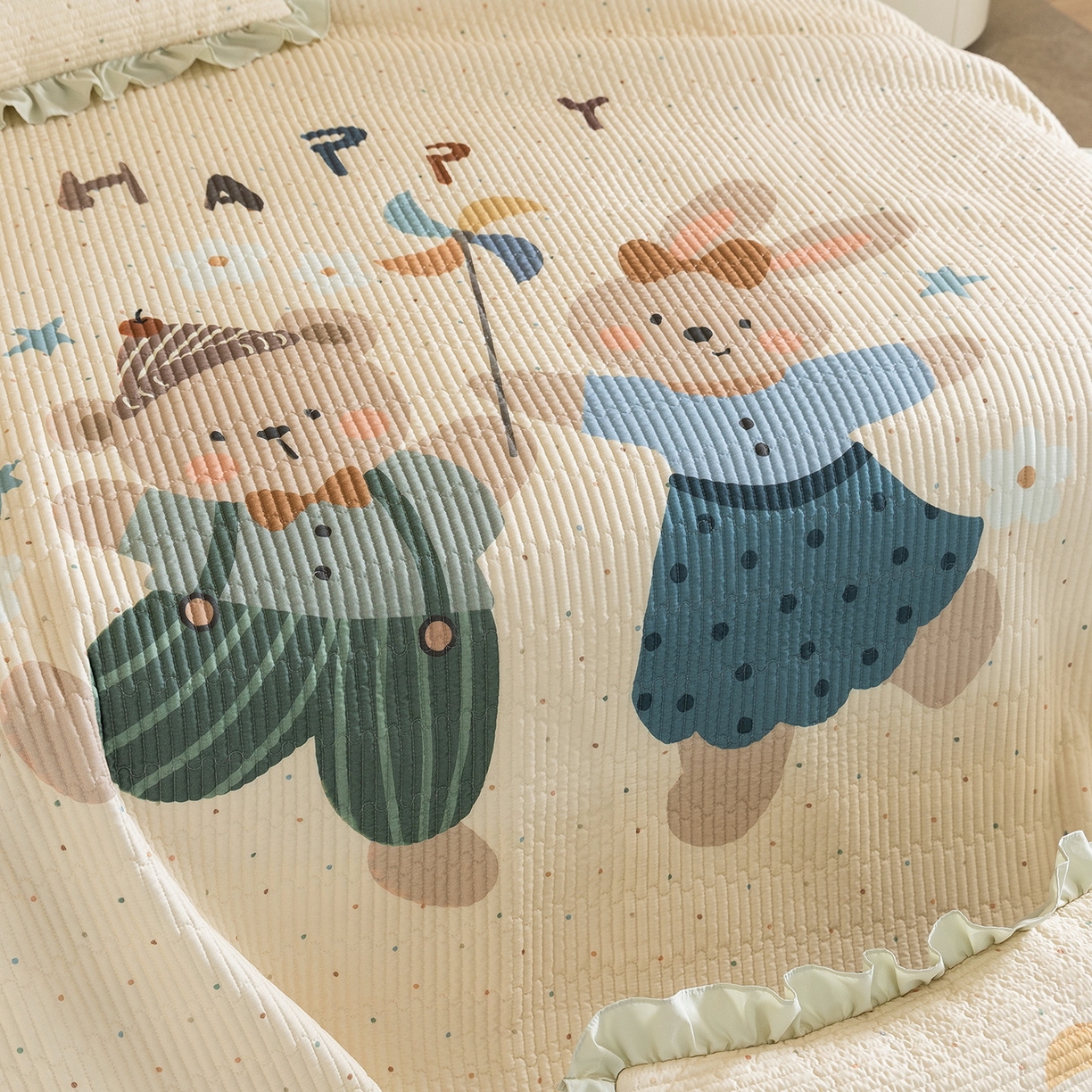 91家纺网 家纺一手货源 找家纺 立奥被业 2026新品古法水洗棉夏被仿棉大版床盖防棉大版夏被 派对绿