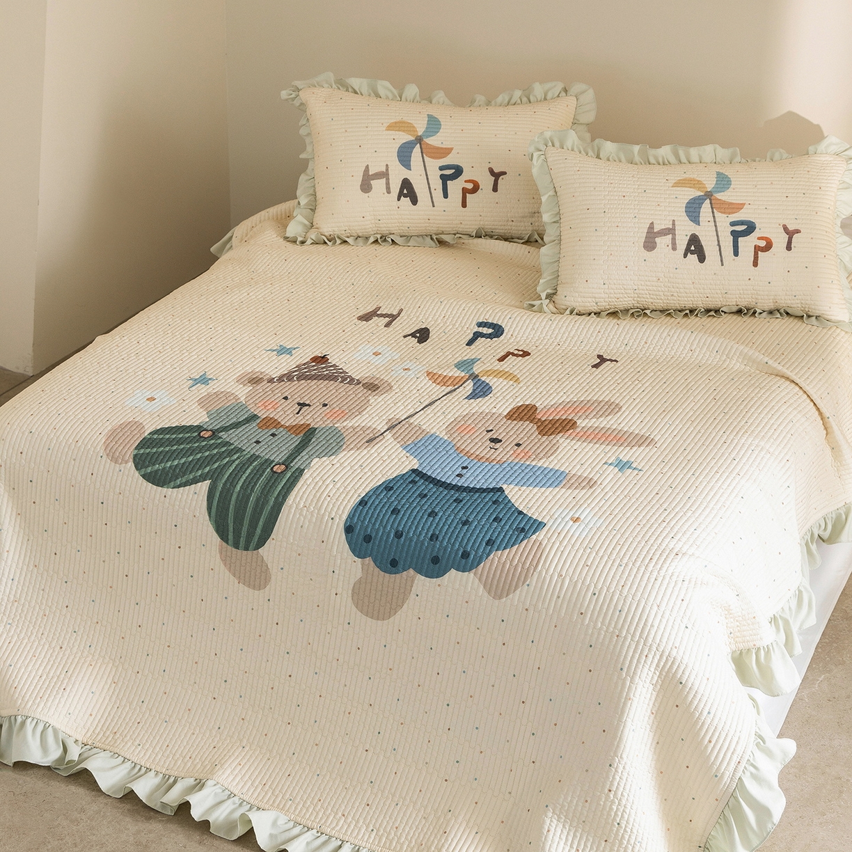 91家纺网 家纺一手货源 找家纺 立奥被业 2026新品古法水洗棉夏被仿棉大版床盖防棉大版夏被 派对绿