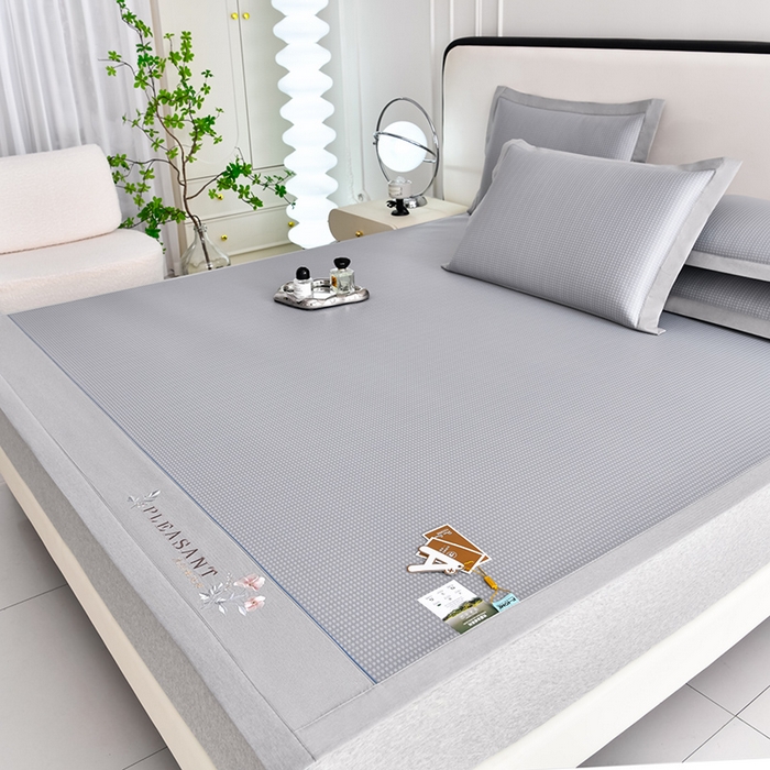 91家纺网 家纺一手货源 找家纺 小牛席业 2026新款华夫格-鲜花清凉冰丝席系列 灰色