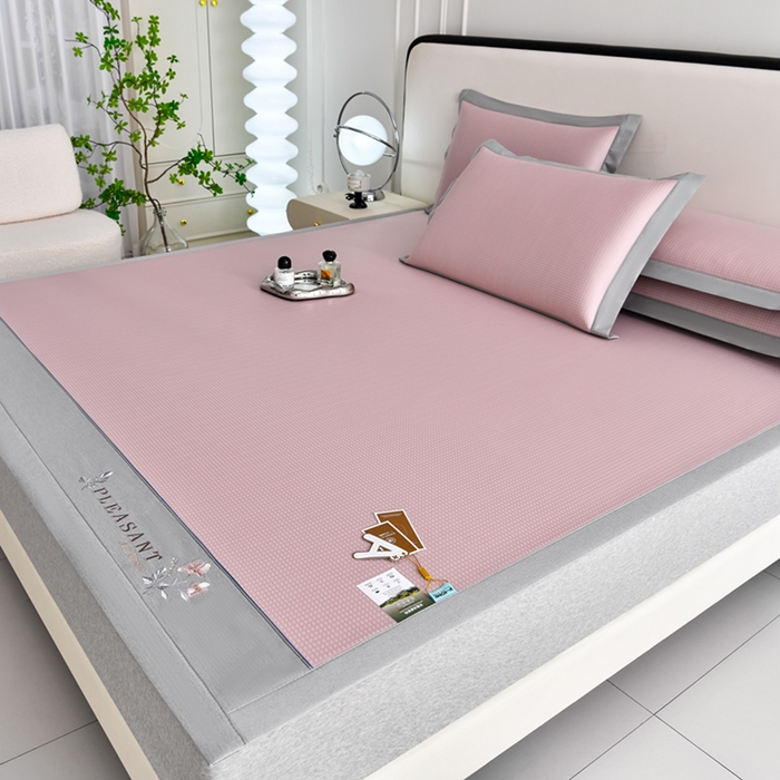 91家纺网 家纺一手货源 找家纺 小牛席业 2026新款华夫格-鲜花清凉冰丝席系列 粉色