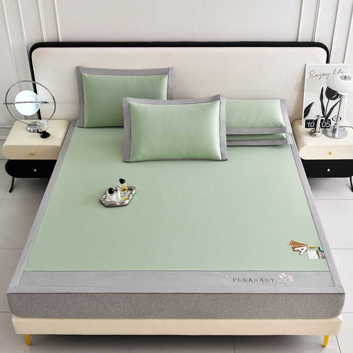 91家纺网 家纺一手货源 找家纺 小牛席业 2026新款华夫格-鲜花清凉冰丝席系列 绿色