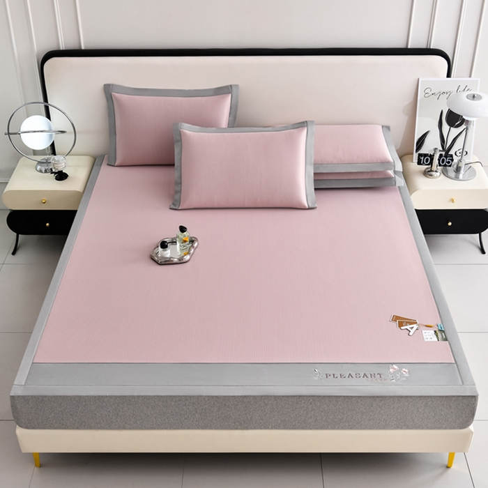 91家纺网 家纺一手货源 找家纺 小牛席业 2026新款华夫格-鲜花清凉冰丝席系列 粉色