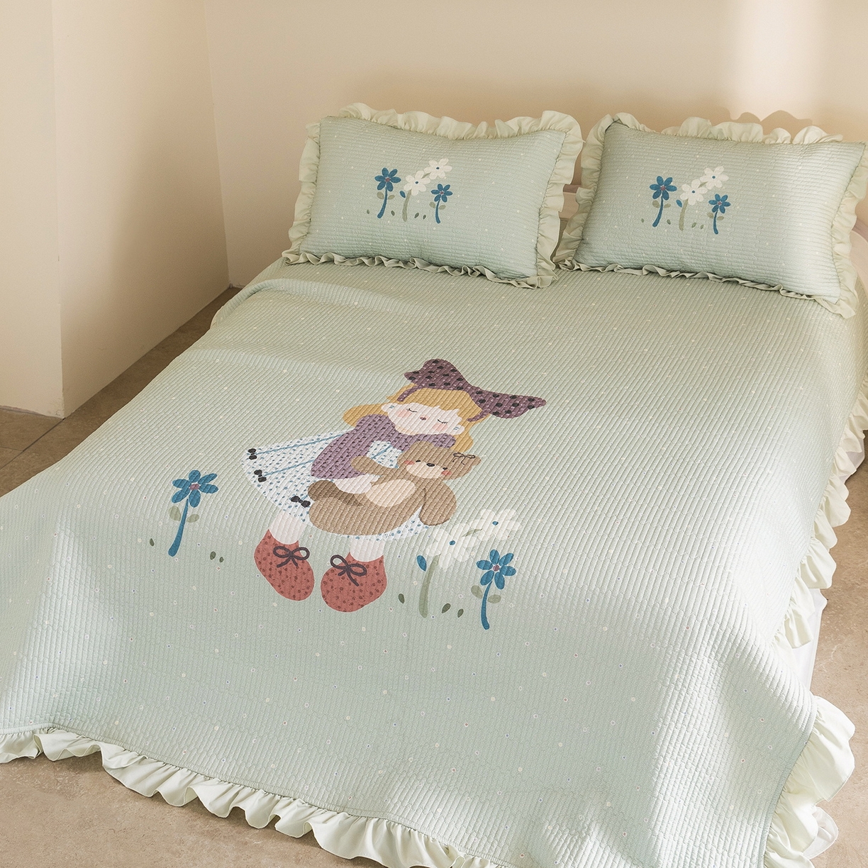 91家纺网 家纺一手货源 找家纺 立奥被业 2026新品古法水洗棉夏被仿棉大版床盖防棉大版夏被 公主绿