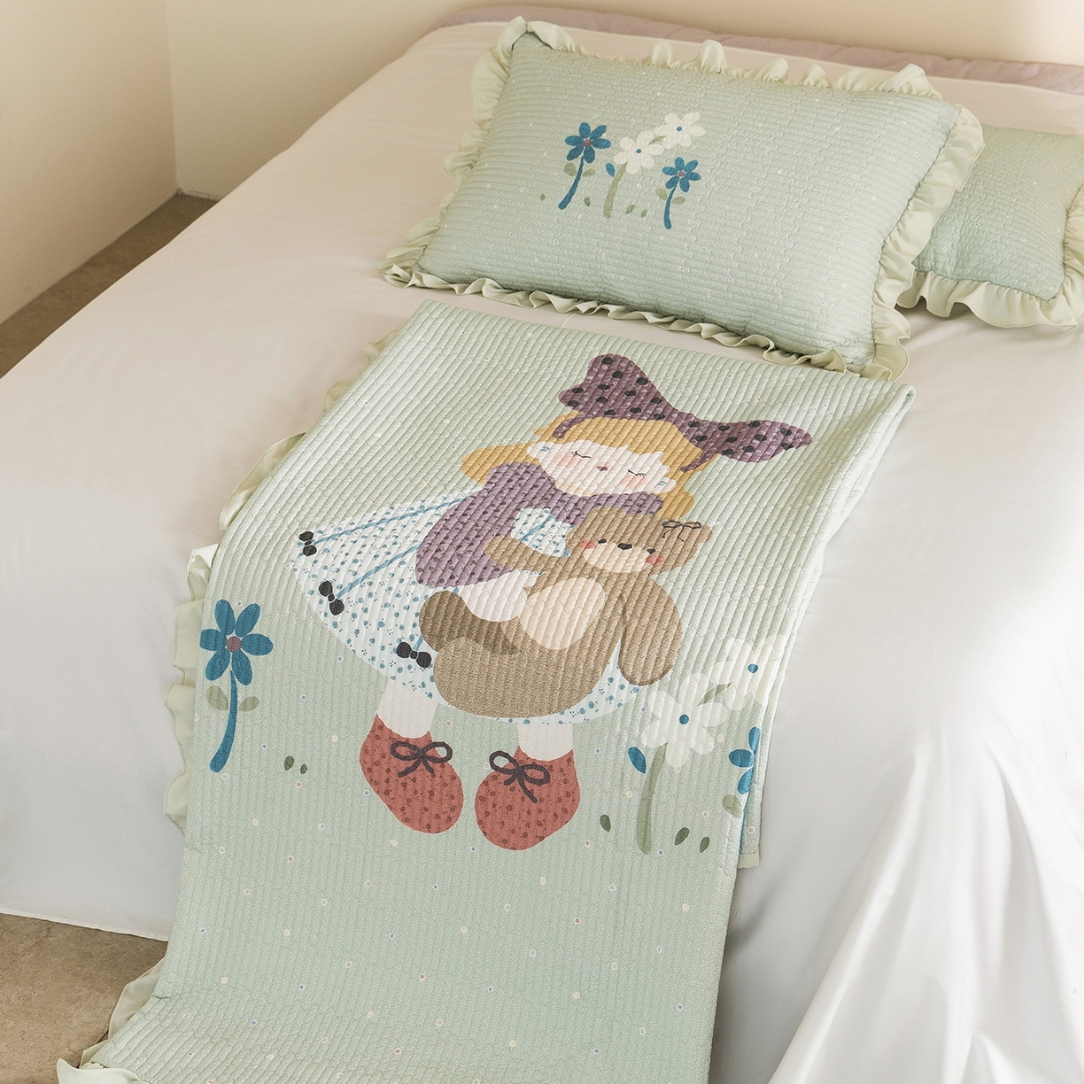 91家纺网 家纺一手货源 找家纺 立奥被业 2026新品古法水洗棉夏被仿棉大版床盖防棉大版夏被 公主绿