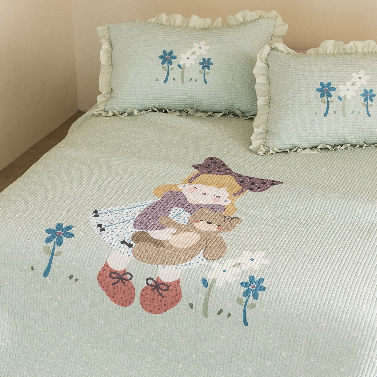 91家纺网 家纺一手货源 找家纺 立奥被业 2026新品古法水洗棉夏被仿棉大版床盖防棉大版夏被 公主绿