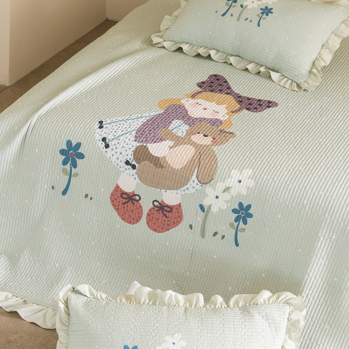 91家纺网 家纺一手货源 找家纺 立奥被业 2026新品古法水洗棉夏被仿棉大版床盖防棉大版夏被 公主绿