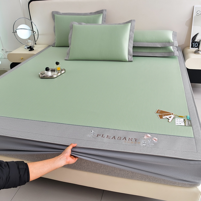 91家纺网 家纺一手货源 找家纺 小牛席业 2026新款四件套华夫格-鲜花凉感冰丝席系列（床笠款） 绿色