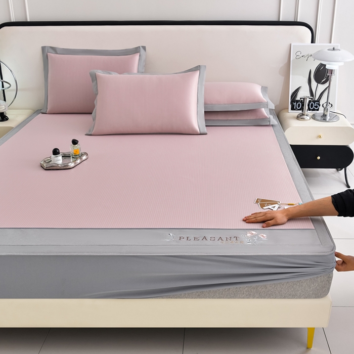 91家纺网 家纺一手货源 找家纺 小牛席业 2026新款四件套华夫格-鲜花凉感冰丝席系列（床笠款） 粉色