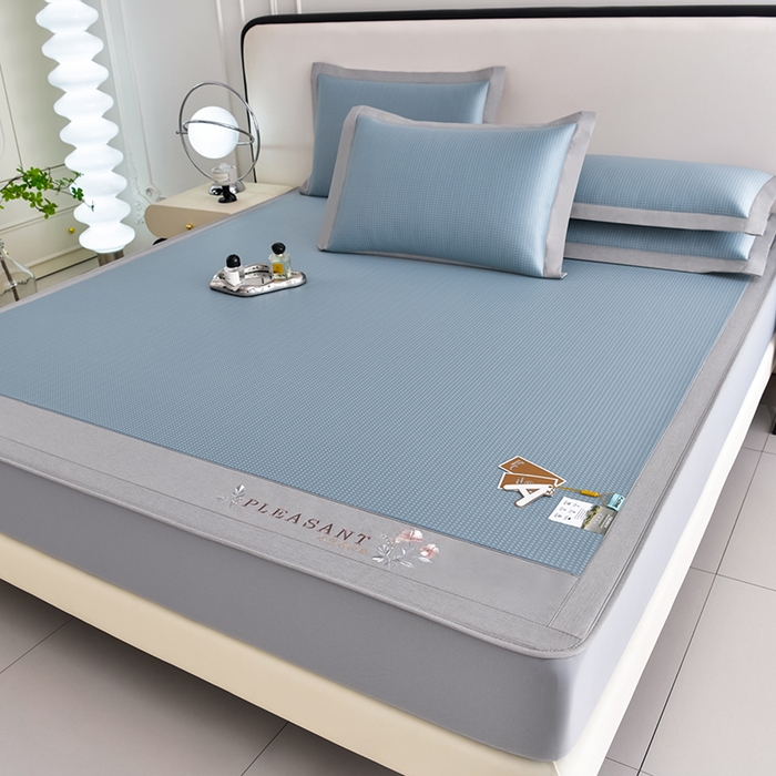 91家纺网 家纺一手货源 找家纺 小牛席业 2026新款四件套华夫格-鲜花凉感冰丝席系列（床笠款） 蓝色