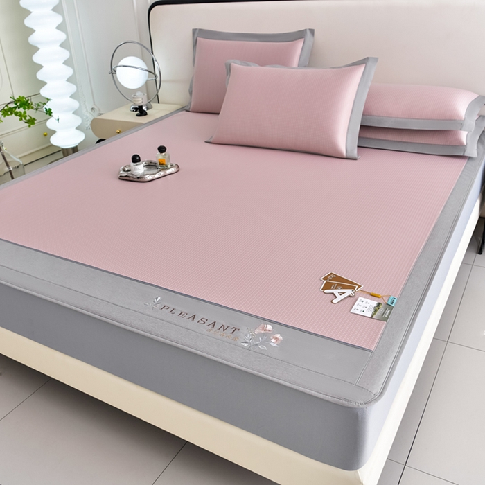 91家纺网 家纺一手货源 找家纺 小牛席业 2026新款四件套华夫格-鲜花凉感冰丝席系列（床笠款） 粉色