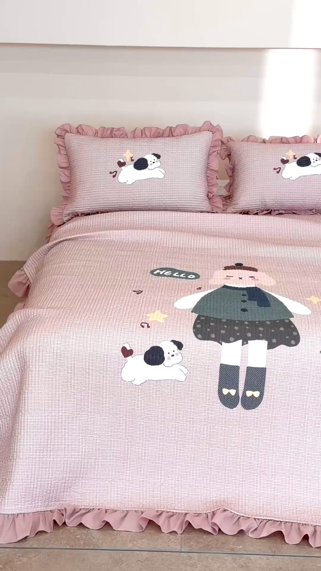 91家纺网 家纺一手货源 找家纺 立奥被业 2026新品古法水洗棉夏被仿棉大版床盖防棉大版夏被 童梦粉