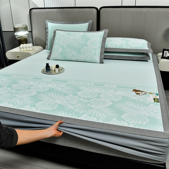 91家纺网 家纺一手货源 找家纺 小牛席业 2026新款PE半定位大提花凉感冰丝系列（床笠款） 浅绿