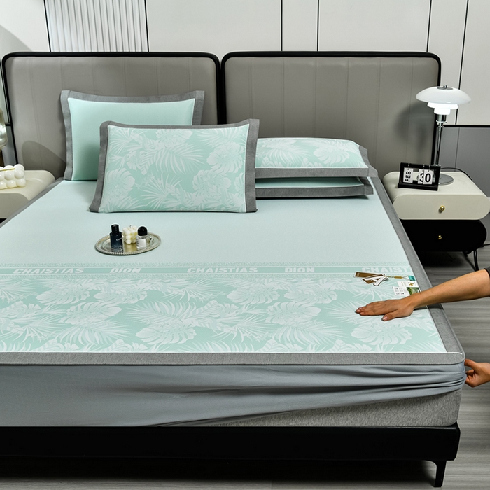 91家纺网 家纺一手货源 找家纺 小牛席业 2026新款PE半定位大提花凉感冰丝系列（床笠款） 浅绿