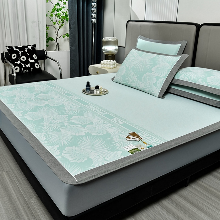 91家纺网 家纺一手货源 找家纺 小牛席业 2026新款PE半定位大提花凉感冰丝系列（床笠款） 浅绿