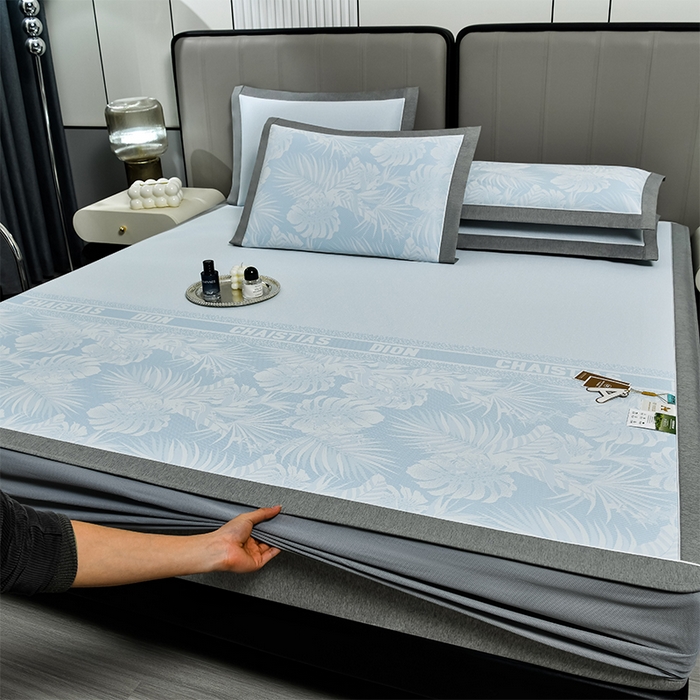 小牛席业 2026新款PE半定位大提花凉感冰丝系列（床笠款） 浅蓝