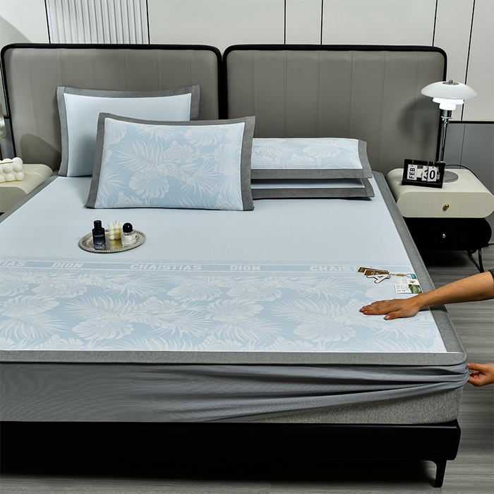 91家纺网 家纺一手货源 找家纺 小牛席业 2026新款PE半定位大提花凉感冰丝系列（床笠款） 浅蓝