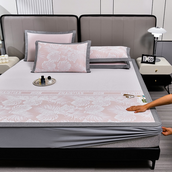 91家纺网 家纺一手货源 找家纺 小牛席业 2026新款PE半定位大提花凉感冰丝系列（床笠款） 粉色