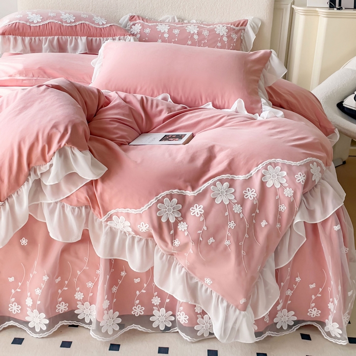 91家纺网 家纺一手货源 找家纺 （总）睡美人 2026新款锦棉蕾丝款系列韩版公主风床裙四件套-花舞