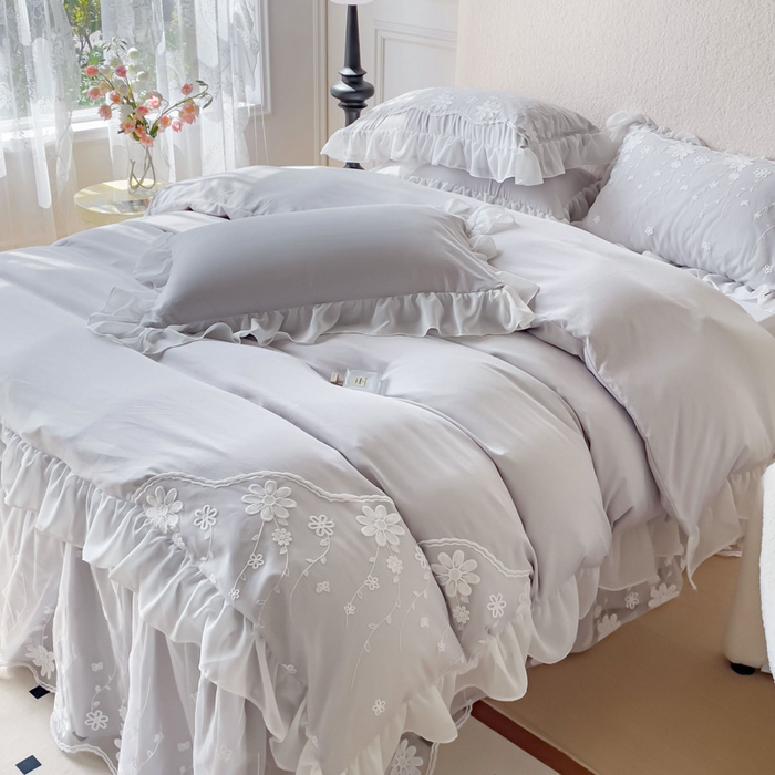 91家纺网 家纺一手货源 找家纺 睡美人 2026新款锦棉蕾丝款系列韩版公主风床裙四件套-花舞 花舞-香槟灰