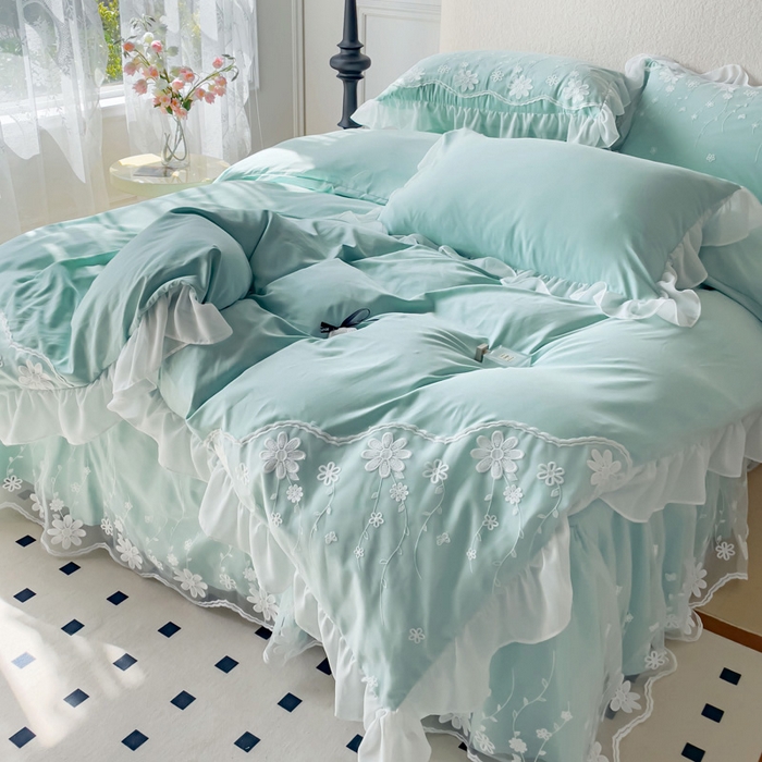 91家纺网 家纺一手货源 找家纺 睡美人 2026新款锦棉蕾丝款系列韩版公主风床裙四件套-花舞 花舞-嫩芽绿