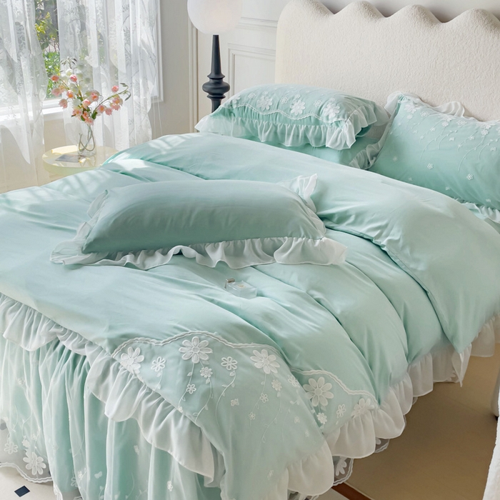 91家纺网 家纺一手货源 找家纺 睡美人 2026新款锦棉蕾丝款系列韩版公主风床裙四件套-花舞 花舞-嫩芽绿