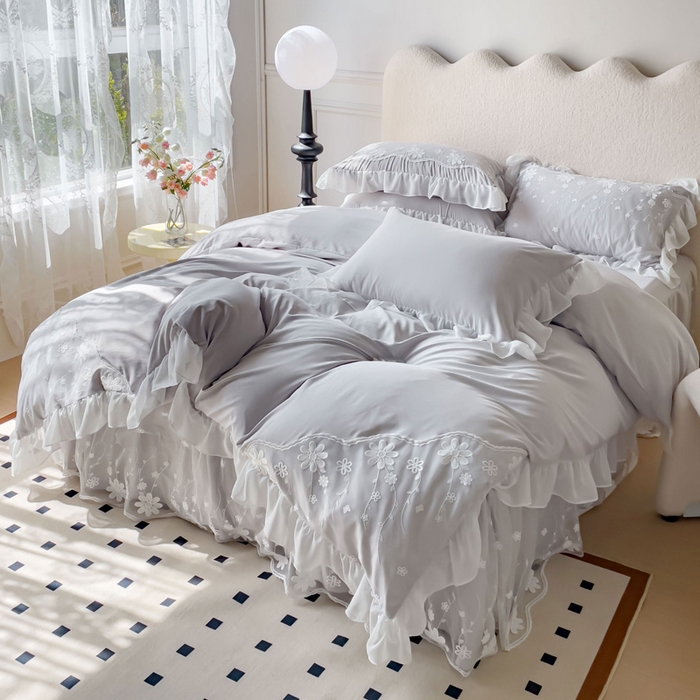 91家纺网 家纺一手货源 找家纺 睡美人 2026新款锦棉蕾丝款系列韩版公主风床裙四件套-花舞 花舞-香槟灰