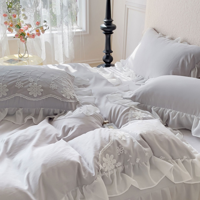 91家纺网 家纺一手货源 找家纺 睡美人 2026新款锦棉蕾丝款系列韩版公主风床裙四件套-花舞 花舞-香槟灰