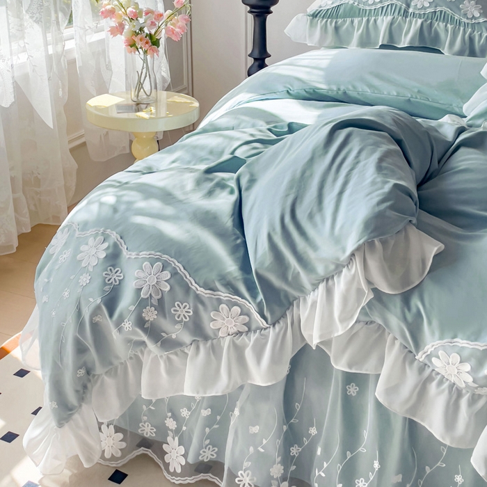 91家纺网 家纺一手货源 找家纺 睡美人 2026新款锦棉蕾丝款系列韩版公主风床裙四件套-花舞 花舞-青春兰