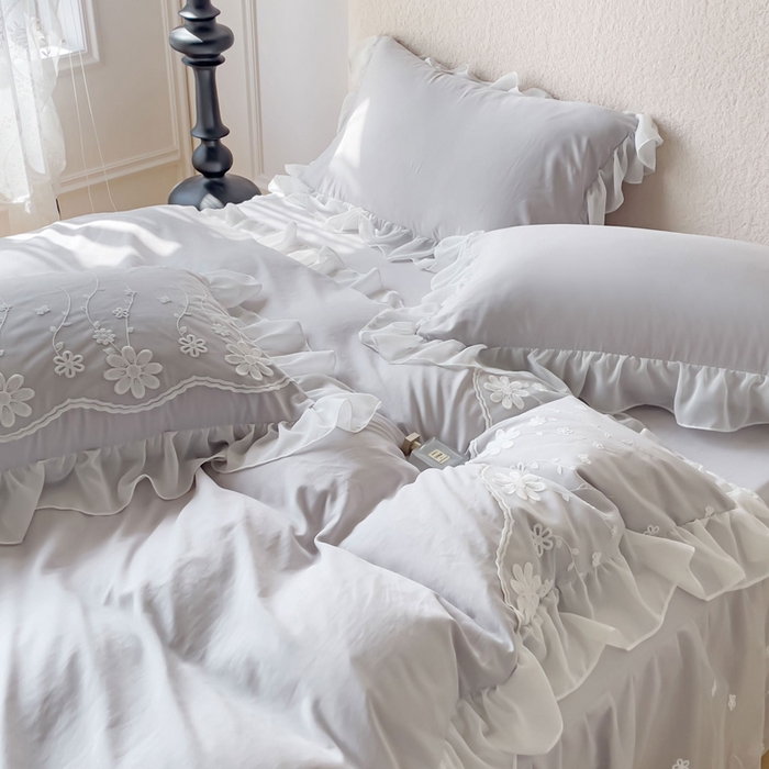 91家纺网 家纺一手货源 找家纺 睡美人 2026新款锦棉蕾丝款系列韩版公主风床裙四件套-花舞 花舞-香槟灰