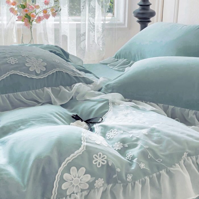 91家纺网 家纺一手货源 找家纺 睡美人 2026新款锦棉蕾丝款系列韩版公主风床裙四件套-花舞 花舞-青春兰