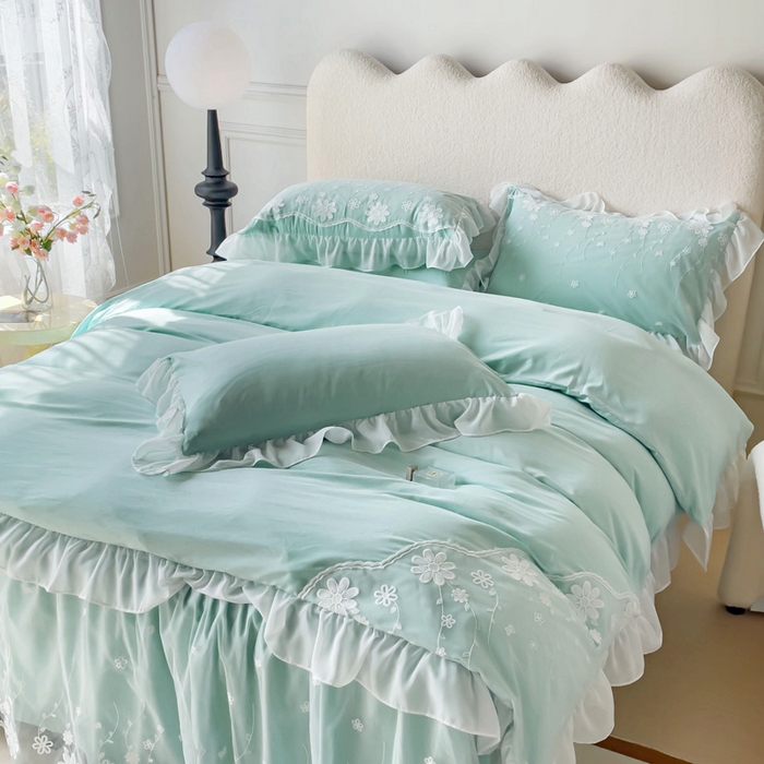 91家纺网 家纺一手货源 找家纺 睡美人 2026新款锦棉蕾丝款系列韩版公主风床裙四件套-花舞 花舞-嫩芽绿