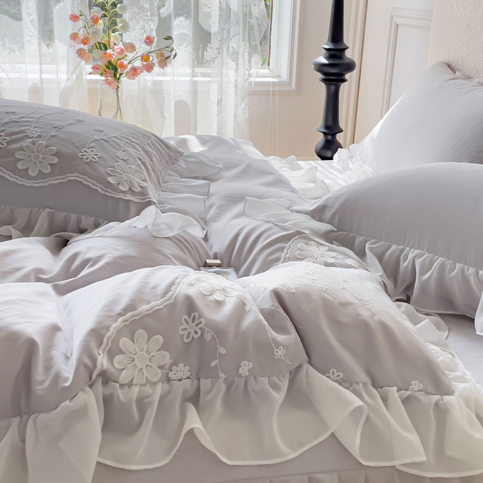 91家纺网 家纺一手货源 找家纺 睡美人 2026新款锦棉蕾丝款系列韩版公主风床裙四件套-花舞 花舞-香槟灰