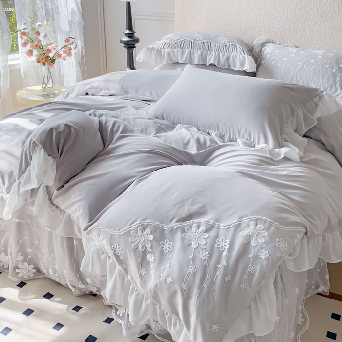 睡美人 2026新款锦棉蕾丝款系列韩版公主风床裙四件套-花舞 花舞-香槟灰