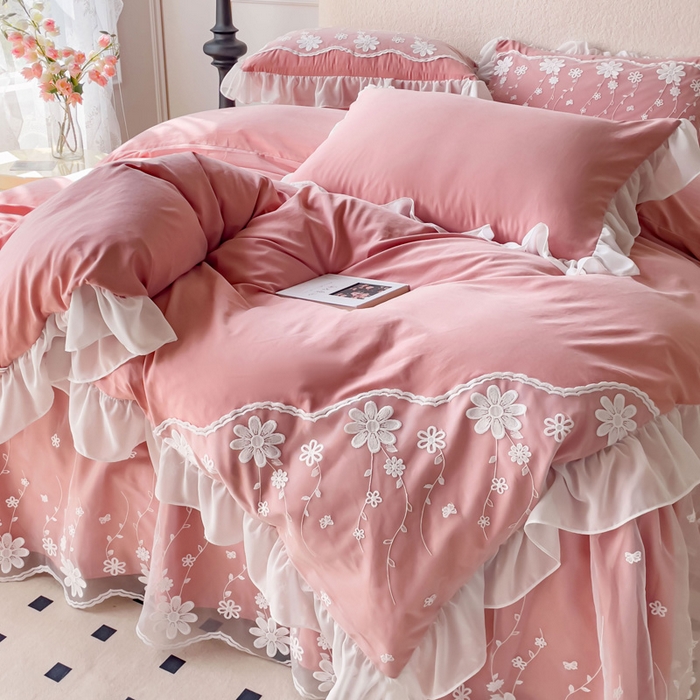 91家纺网 家纺一手货源 找家纺 睡美人 2026新款锦棉蕾丝款系列韩版公主风床裙四件套-花舞 花舞-锦豆沙